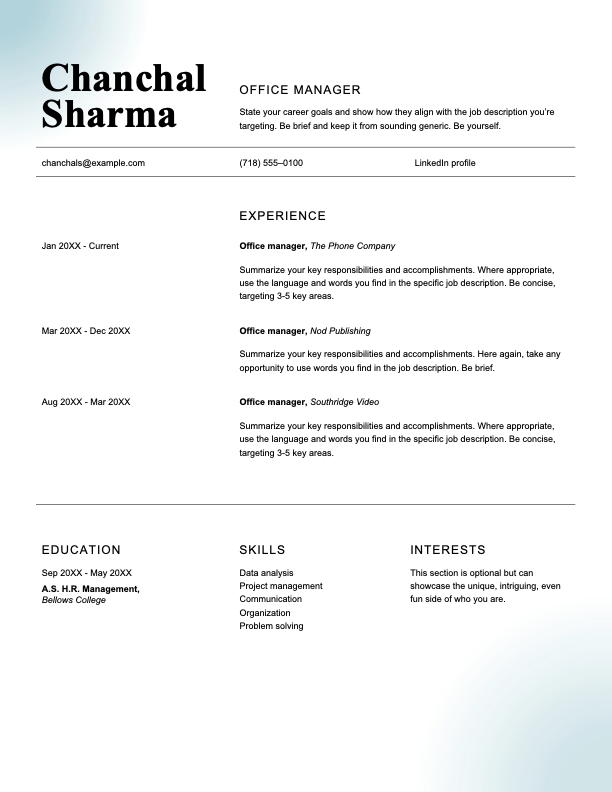 Classic office manager resume